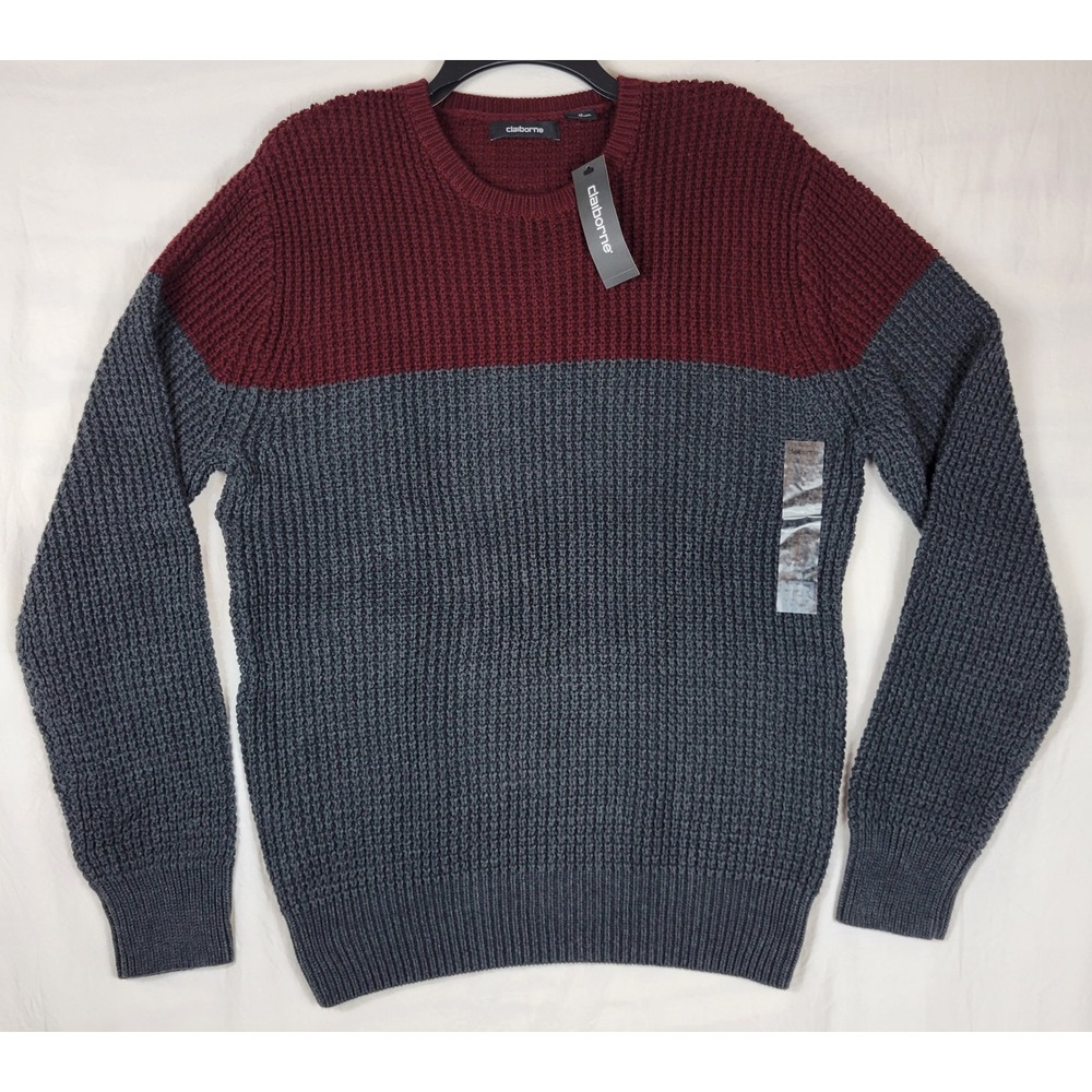 Claiborne Mens Crewneck Sweater Medium NWT Burgundy Grey Colorblock Cotton Knit
